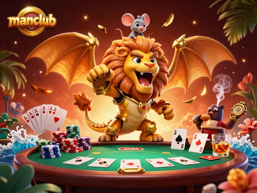 Win big with manclub in this vibrant poker-themed 3D casino illustration brimming with action.