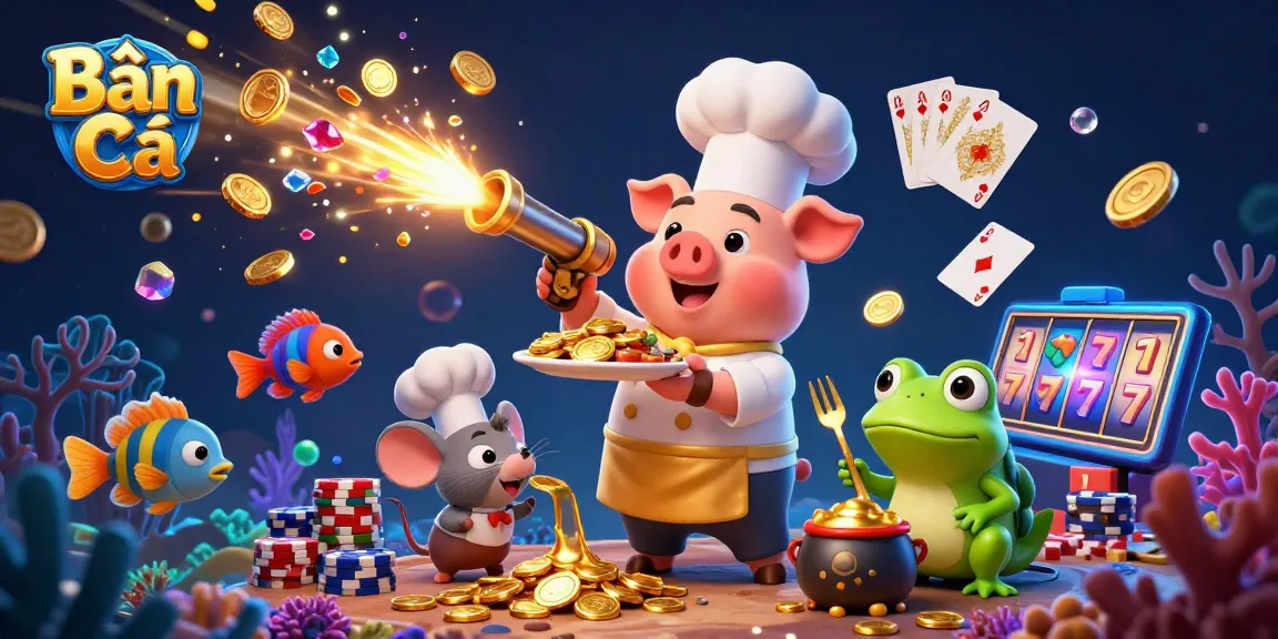 Bắn Cá shooter character firing in a vibrant underwater world filled with gold coins and colorful sea creatures.