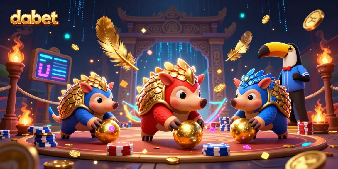 dabet pangolins rolling golden balls and poker chips in an engaging 3D casino scene.