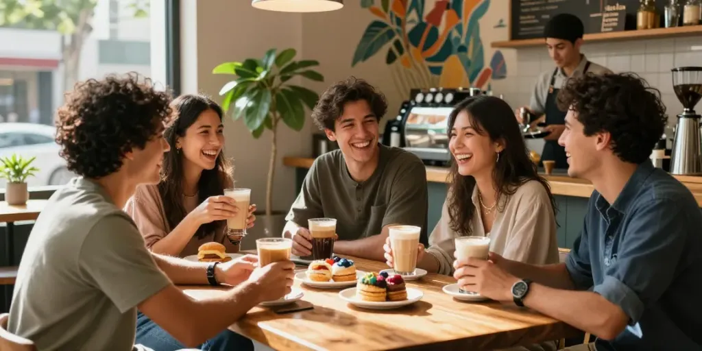 Friends enjoying rokok88 moments at a cozy café with artisanal drinks and pastries.