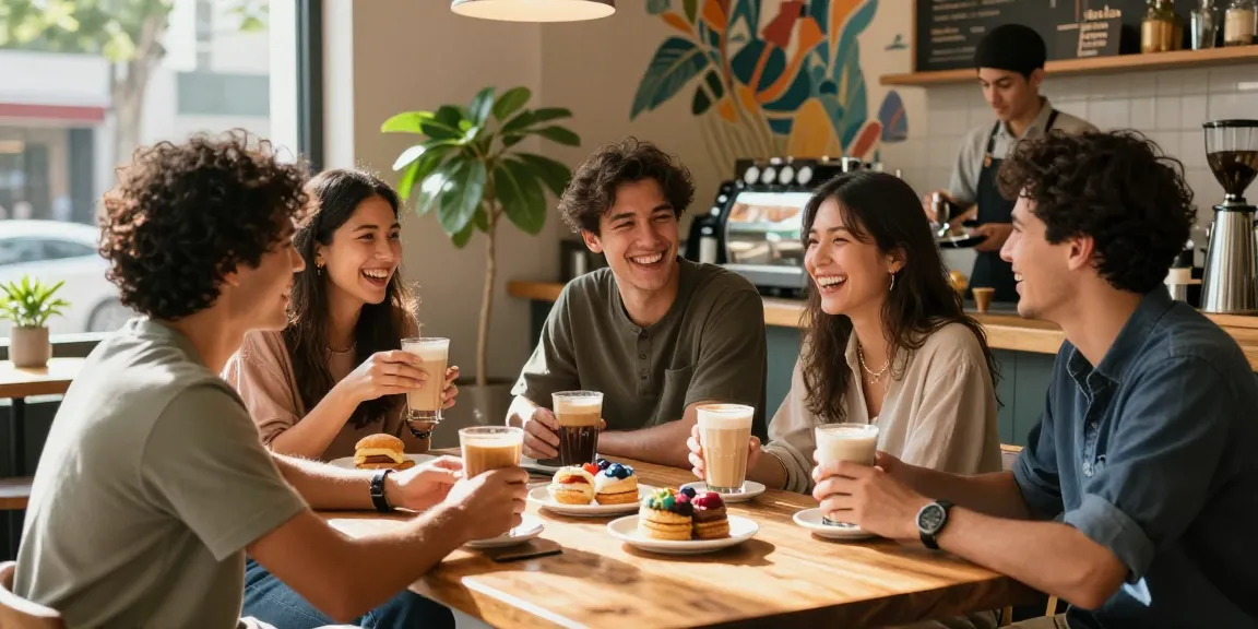 Friends enjoying rokok88 moments at a cozy café with artisanal drinks and pastries.