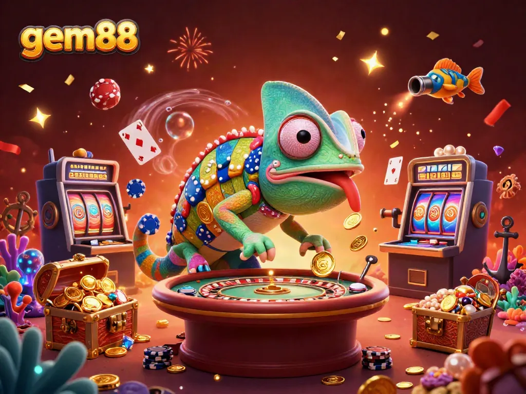Win big at gem88 with colorful casino games and thrilling underwater treasures in this vibrant illustration.