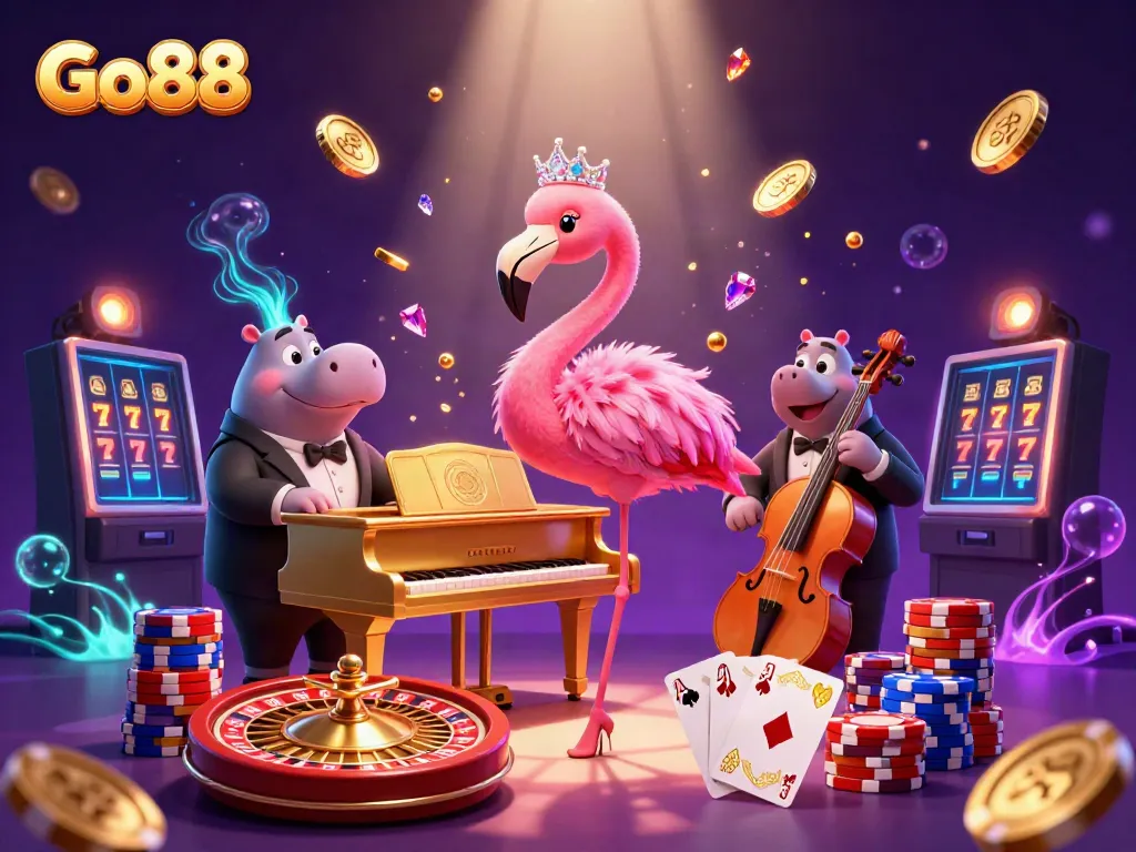 Experience Go88's vibrant casino atmosphere with lively characters and dynamic gaming elements.