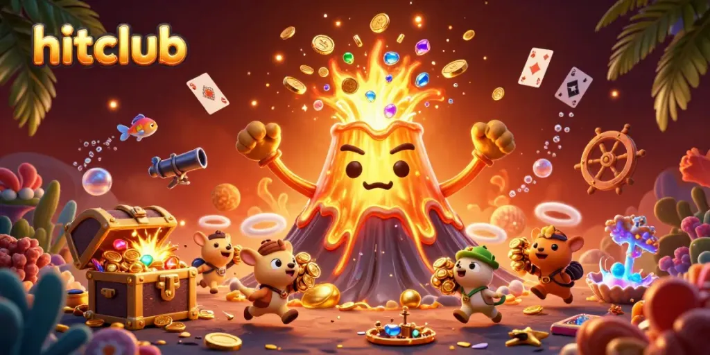 Experience the excitement of hitclub with a vibrant 3D scene depicting a volcano erupting treasures and floating casino elements.