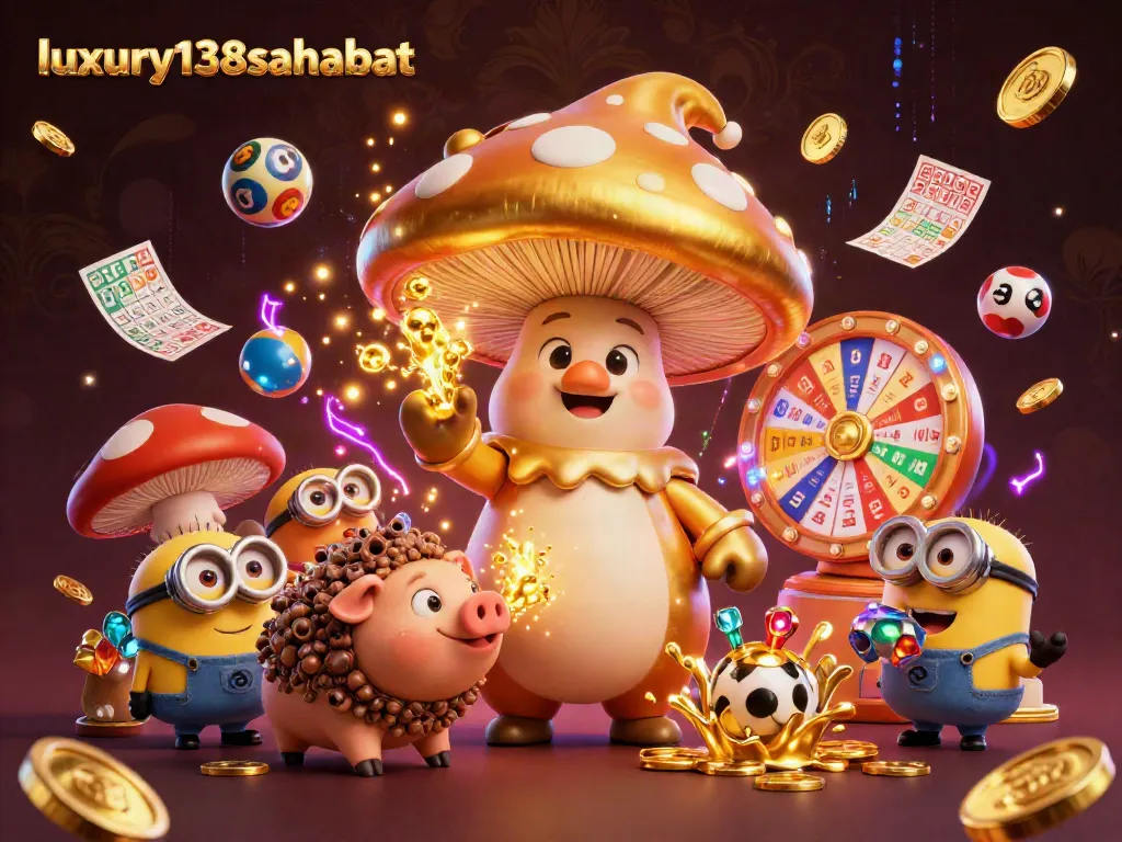 Memenangkan lottery dengan fitur luxury138sahabat, balon angka berwarna dan kartu bingo yang berkilau.