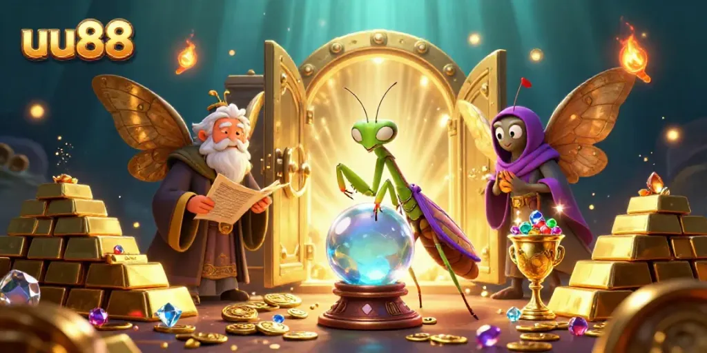uu88 casino scene with a fortune teller and librarian surrounded by treasures and gems.