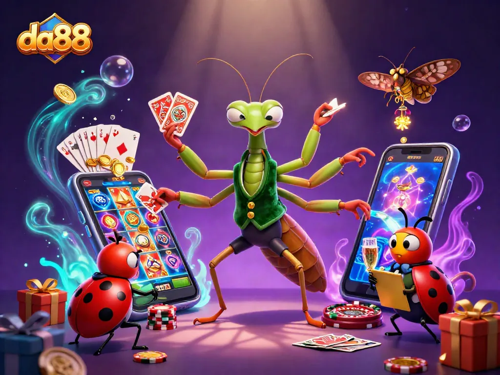 Experience da88 excitement as vibrant characters deal cards and spin slots in a packed casino scene.
