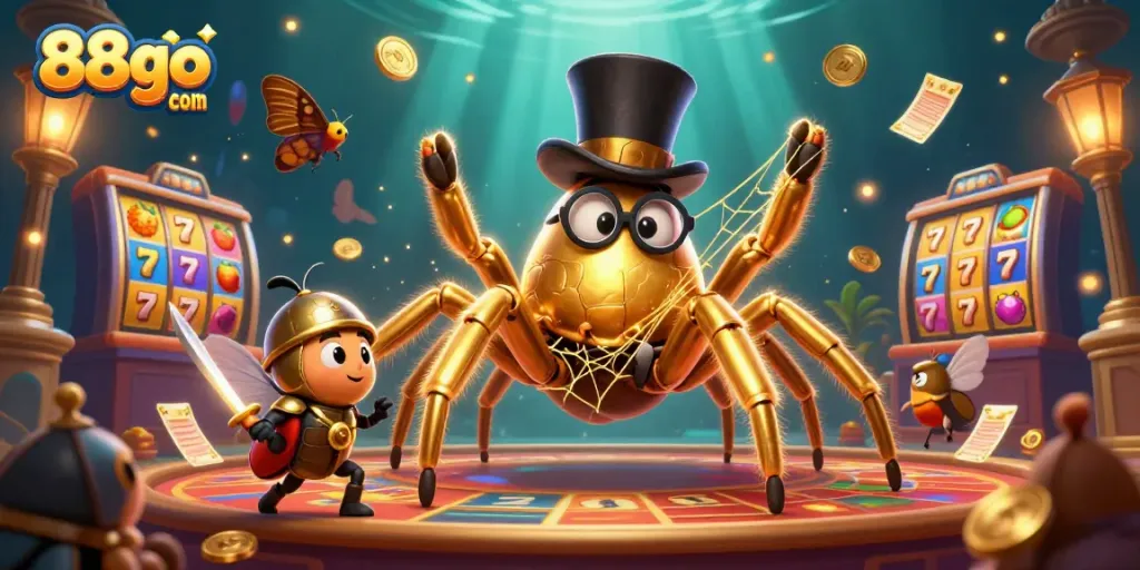 Experience the thrill of gaming with 88go com’s rich casino environment featuring a vibrant golden tarantula and beetle knight.