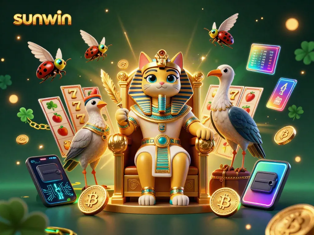 Win at Sunwin slots with a rich 3D scene of an Egyptian cat pharaoh and golden treasures.