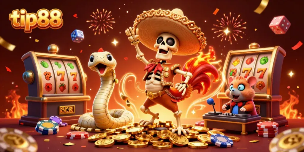 Experience tip88 with an exhilarating casino atmosphere filled with colorful characters and festive elements.