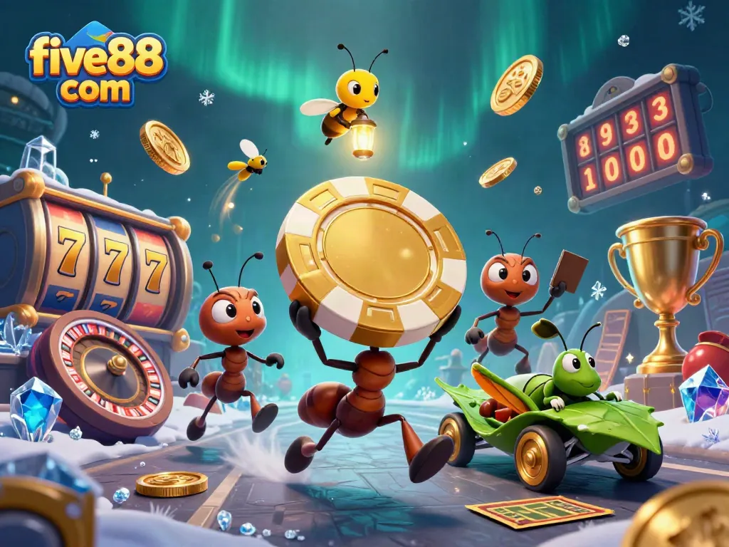 Experience the thrill with five88 com as ants heist a giant poker chip amidst golden casino treasures.
