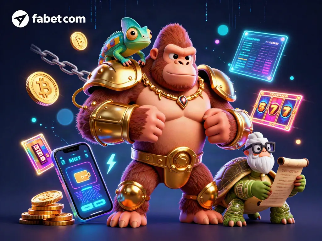 Spin the reels with fabet com's cartoon gorilla king amidst colorful crypto elements and casino treasures.