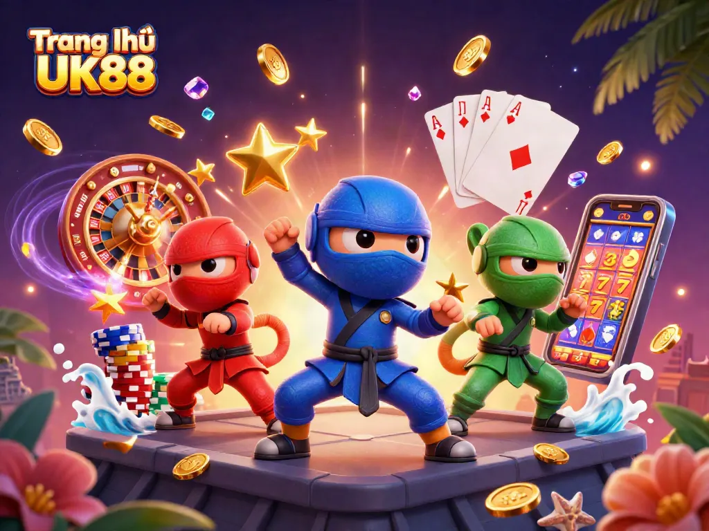Engage in thrilling adventures on Trang chủ UK88 as ninja chameleons perform martial arts surrounded by casino elements.