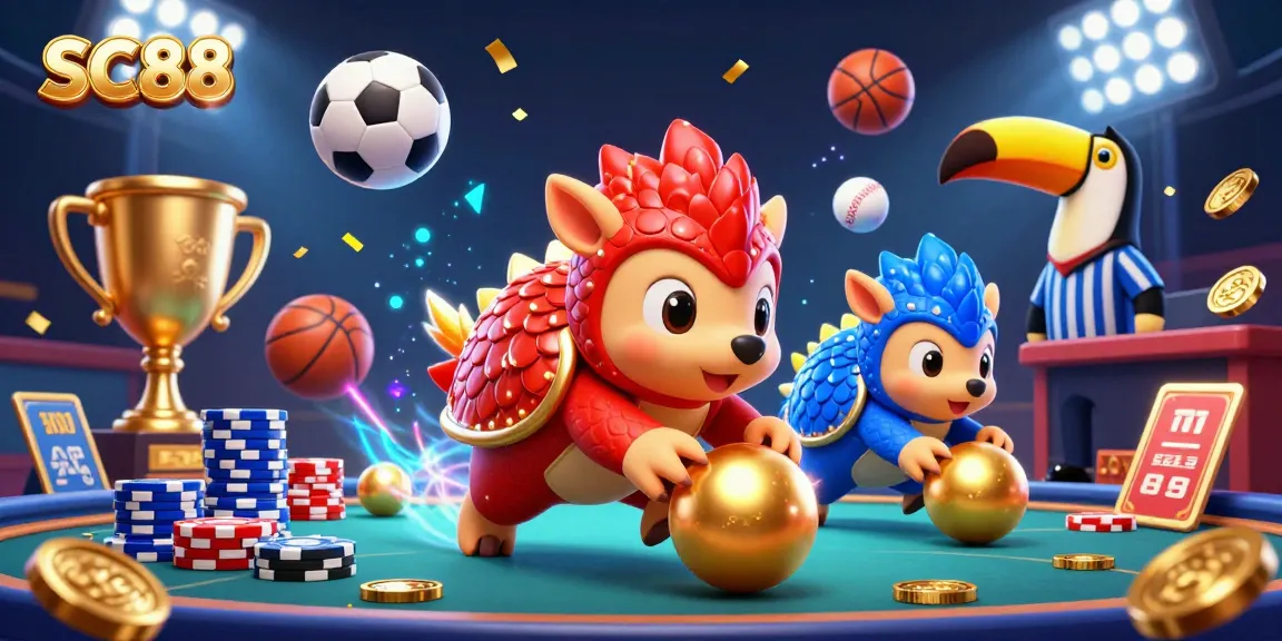 SC88 pangolins compete in a casino scene with poker chips and vibrant sports elements.