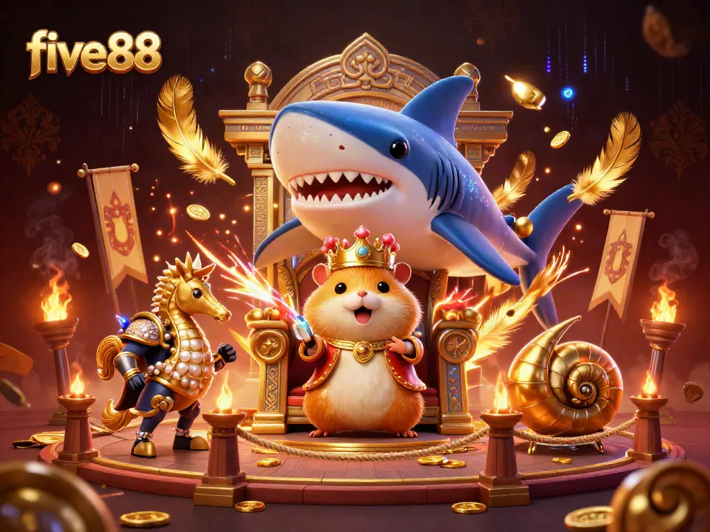 Experience the exciting world of five88 with a golden hamster king in a vibrant casino scene.