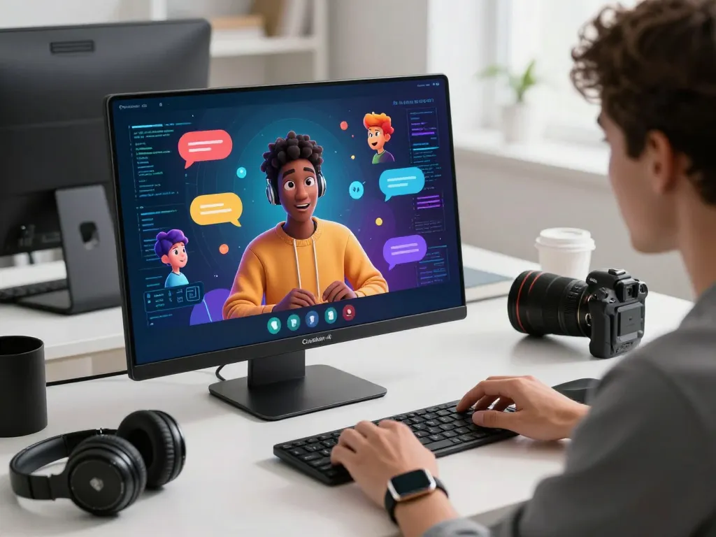 Engaging virtual chat scene showcasing Crushon AI's unique character interactions in a modern workspace.