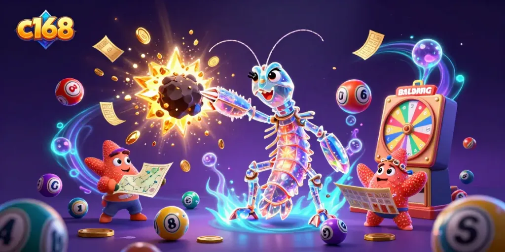 Experience thrilling c168 gaming with a galactic mantis shrimp in a vibrant casino atmosphere.