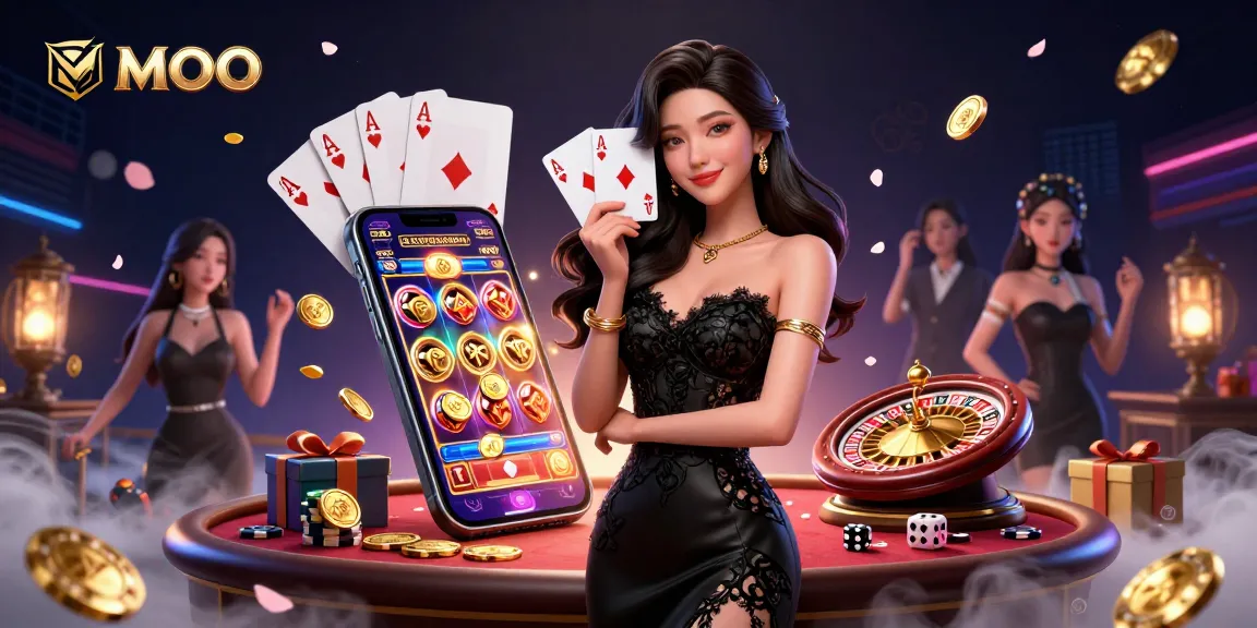 Engage in the thrilling world of MMOO with a captivating casino scene featuring a beautiful Asian woman holding playing cards surrounded by dynamic gaming elements.