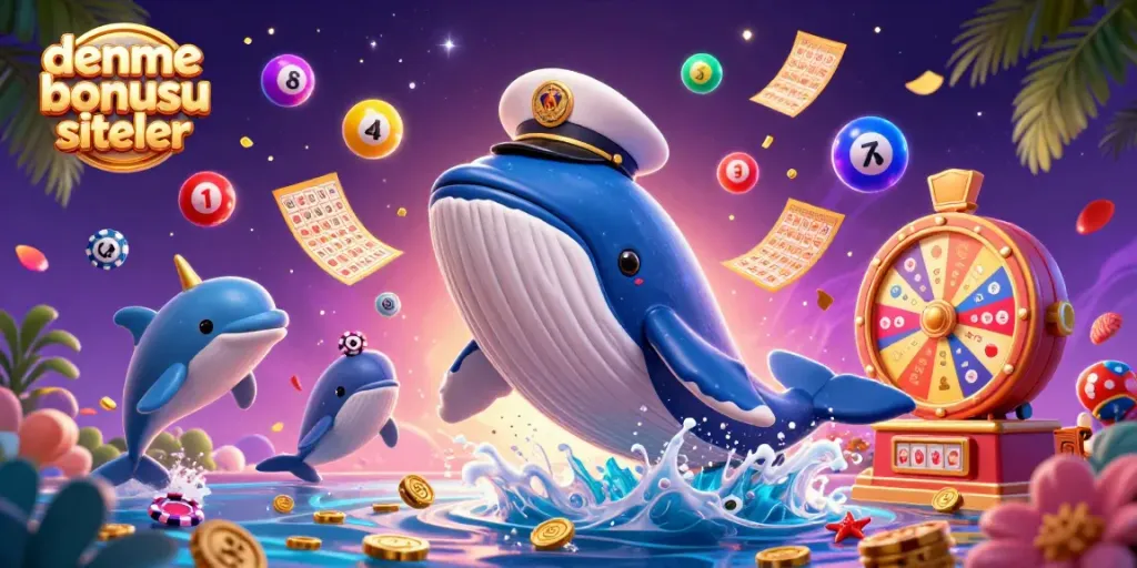 Engage with deneme bonusu veren siteler through a vibrant 3D illustration featuring a whale, narwhal, and dolphins.