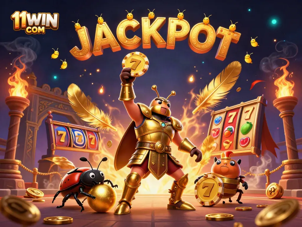 Engage with the thrilling world of 11WIN COM at this vibrant casino scene featuring game elements and jackpot action.