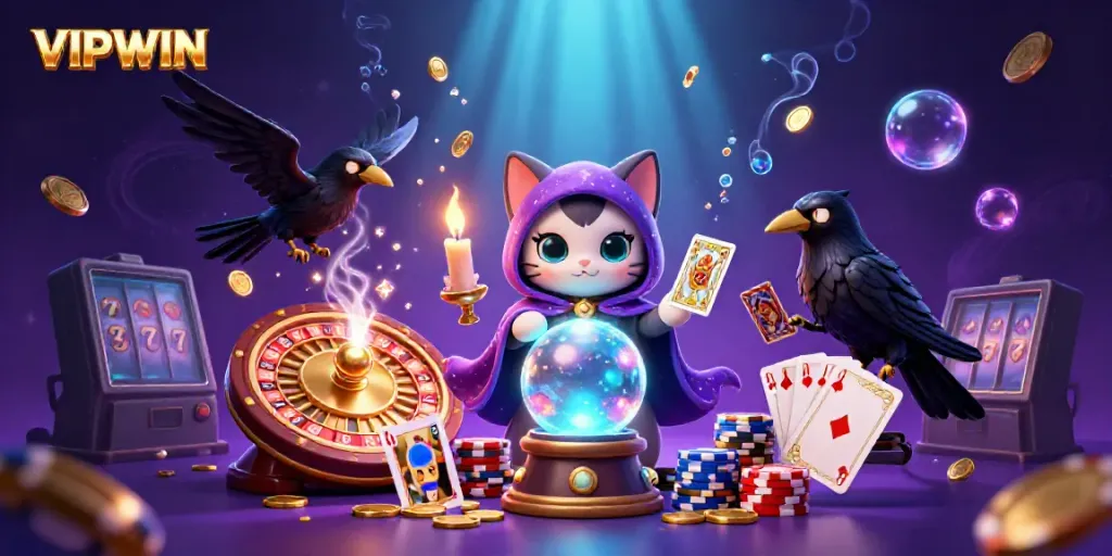 Experience the magic of VIPWIN with a mystical cat, tarot raven, and casino elements.