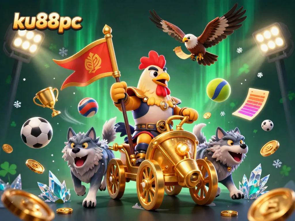 Experience thrilling sports betting excitement with ku88pc, featuring a cartoon rooster warlord in a dynamic casino environment.