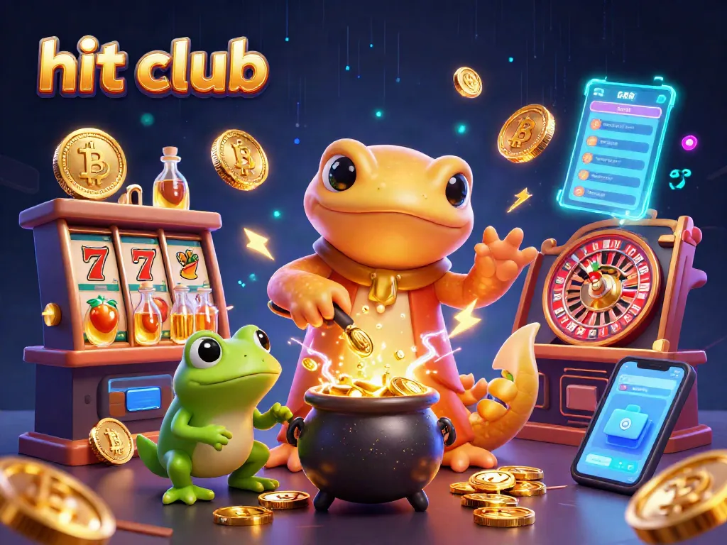 Engage with hit club's vibrant online casino, showcasing a whimsical alchemist transforming coins amidst exciting gaming elements.