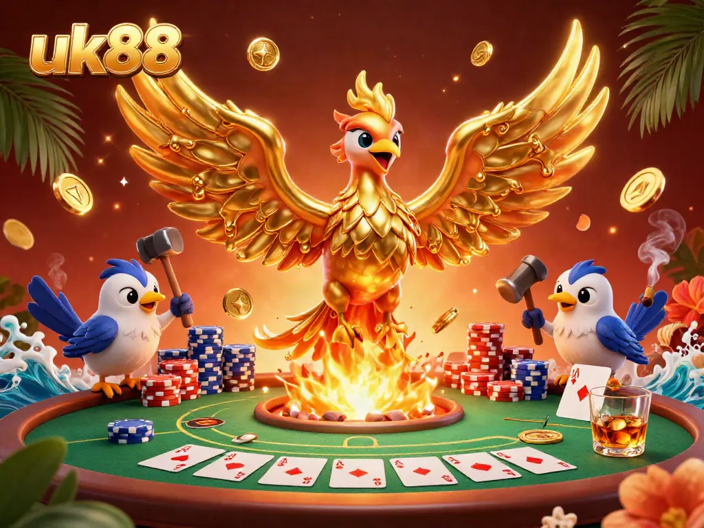 Experience winning strategies at uk88 in a vibrant casino scene with a molten metal phoenix and poker elements.