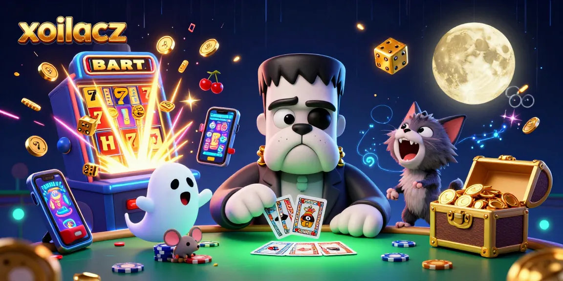 Experience thrilling gameplay with xoilacz as a bulldog monster deals cards, surrounded by festive casino elements.