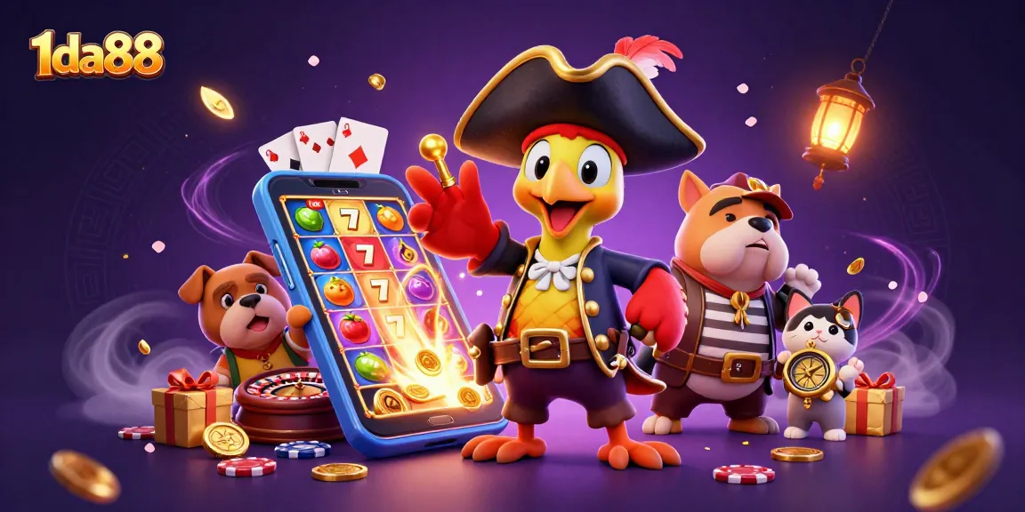 Experience thrilling gaming with 1da88 in this vibrant 3D casino illustration full of action.