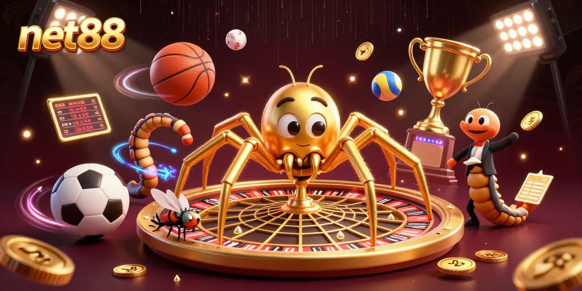 Engaging scene showcasing net88 with a golden spider, centipede croupier, and dynamic sports elements.