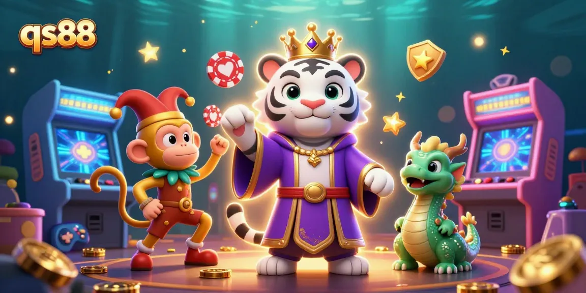 Engage with qs88’s vibrant gaming scene featuring a royal tiger, jester monkey, and jade dragon amidst casino elements.