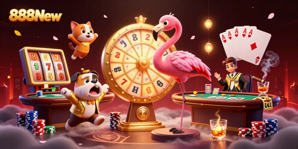 Spinning golden prize wheel with 888New mascot alongside casino elements like poker tables and jackpot slots.