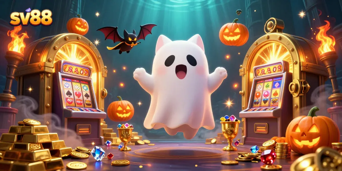 Engage with sv88's mystique in this vibrant haunted casino scene featuring ghostly characters and treasures.