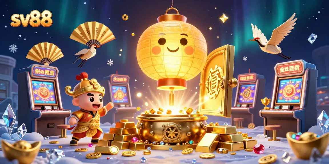 sv88 illuminates a vibrant casino scene with luck symbols, treasure, and golden spirits.