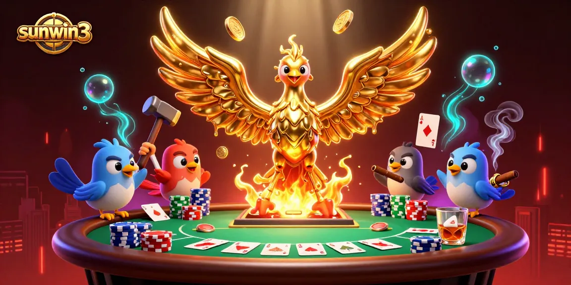 Experience the excitement of sunwin3 with a dynamic 3D casino scene featuring a molten phoenix and vibrant poker elements.