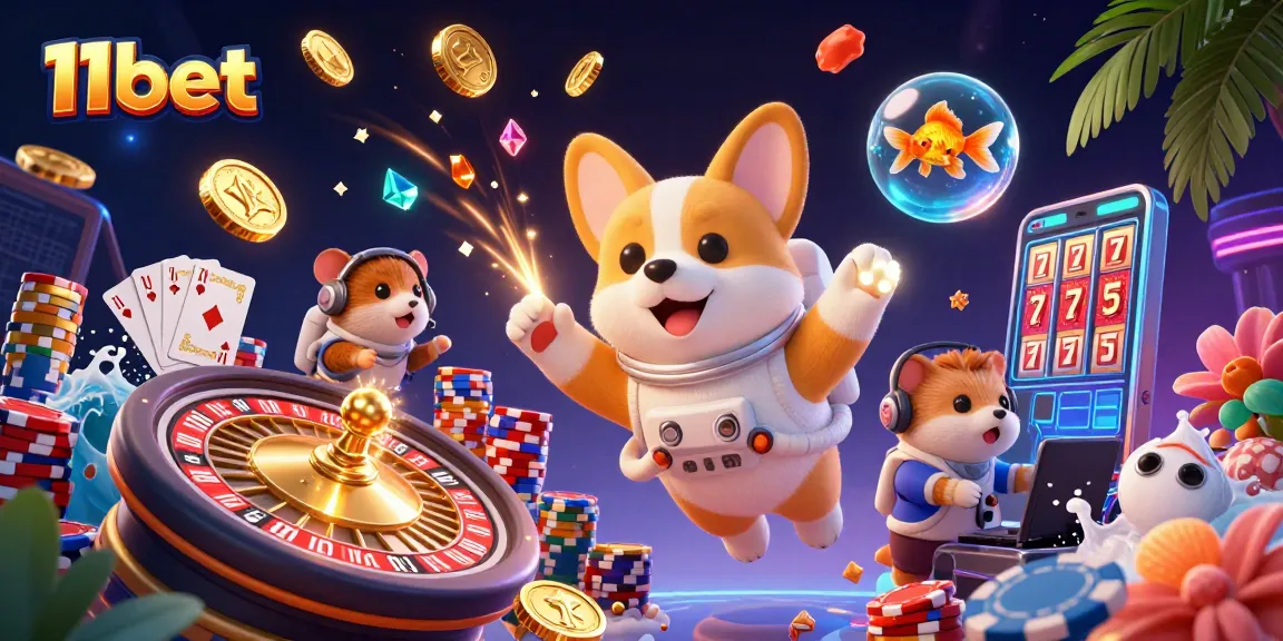 Engaging illustration of 11bet featuring a corgi astronaut in a casino, surrounded by festive gaming elements.