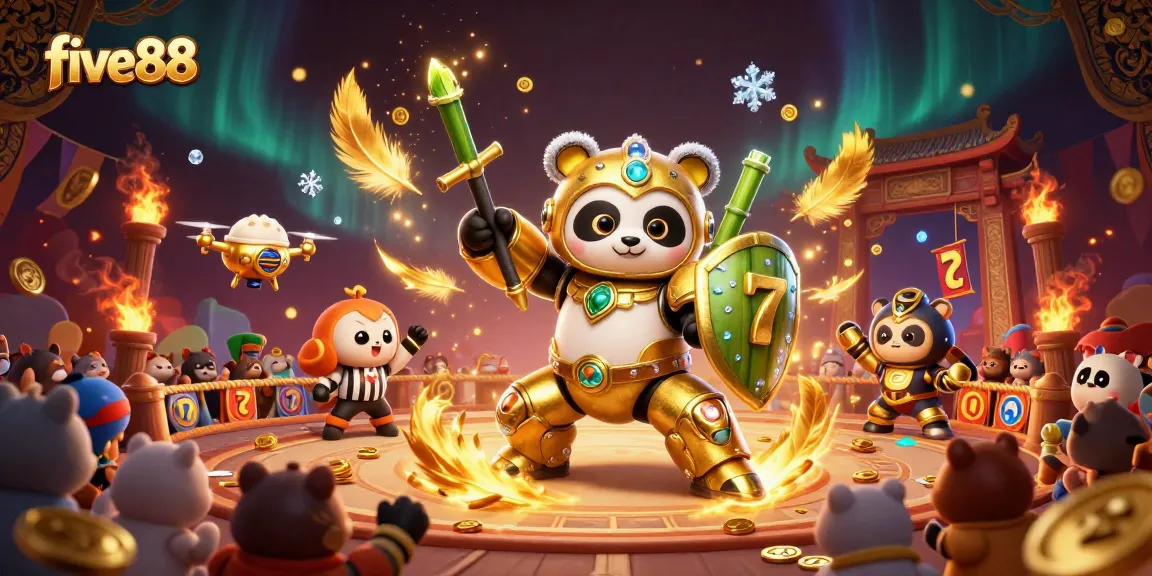 Experience the excitement of five88 with a dynamic 3D showdown featuring a golden panda robot in action.