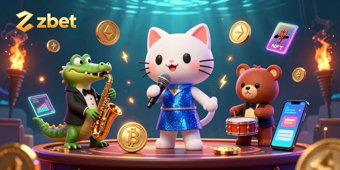 Experience the thrill of zbet with a vibrant 3D illustration featuring a jazz-singer cat and crypto elements.