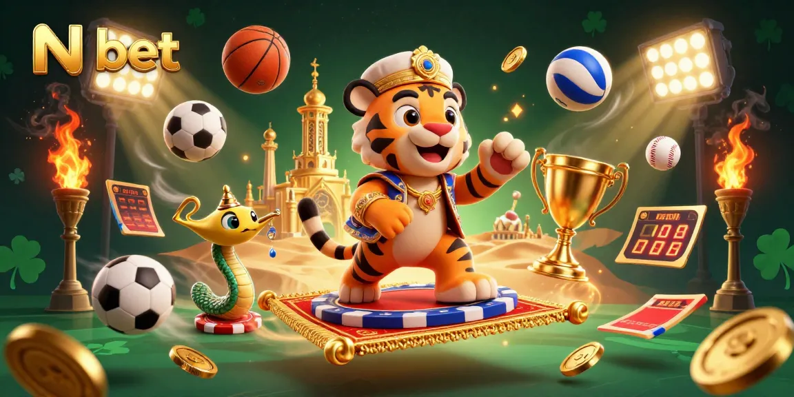 N bet sports betting illustration featuring a tiger sultan on a carpet of poker chips with sports elements.
