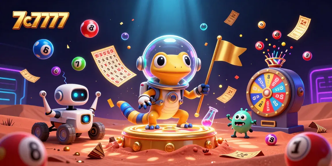 Engage with exciting gaming action at 7c7777, showcasing a Martian gecko discovering a golden casino.