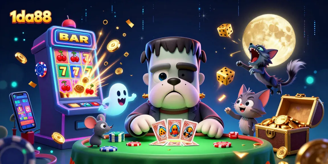 Experience thrilling gameplay at 1da88 with a dynamic casino scene of colorful characters and vibrant game elements.