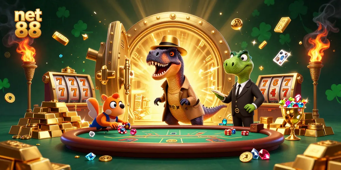 Experience net 88's vibrant blackjack scene with a velociraptor card counter amidst thrilling casino action.