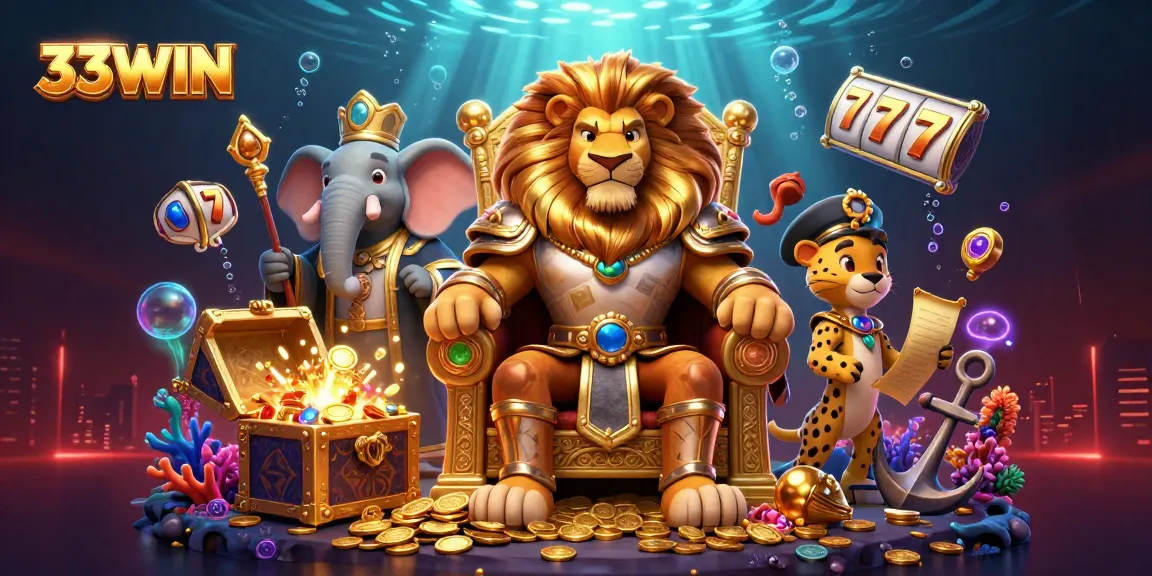 33WIN offers a vibrant casino scene with royal characters and exploding treasures.