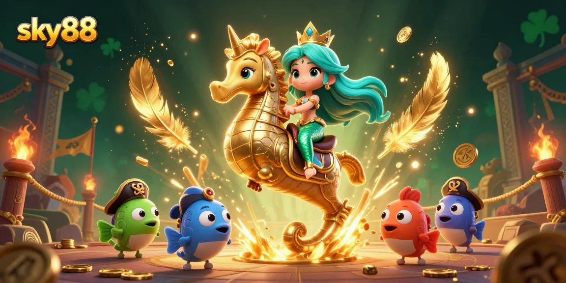 Engage with sky88's vibrant cartoon scene featuring a mermaid and seahorse in an exciting casino setting.