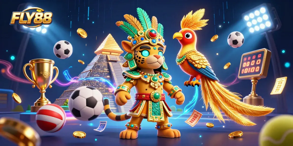 FLY88 jackpot gaming scene with a Mayan priest character and dynamic sports elements.