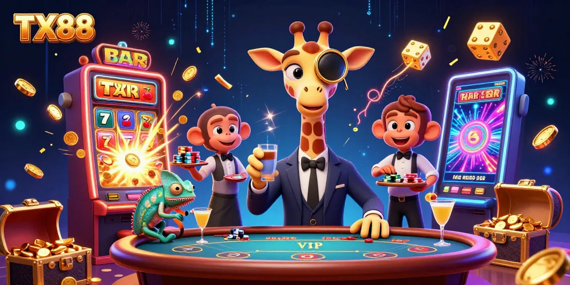 Experience exhilarating wins at TX88 with a high-roller giraffe at the poker table surrounded by vibrant casino elements.