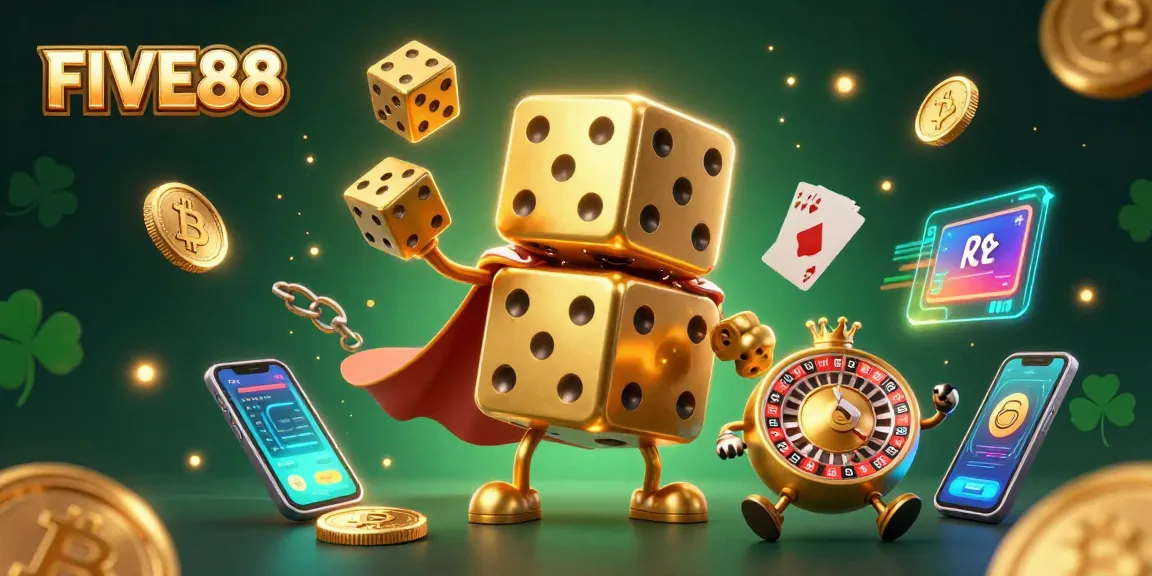 Experience the excitement of FIVE88 illustrated with golden dice and cryptocurrency elements