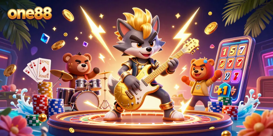 Experience gaming thrills at one88 with vibrant 3D casino action featuring a rock star wolf.