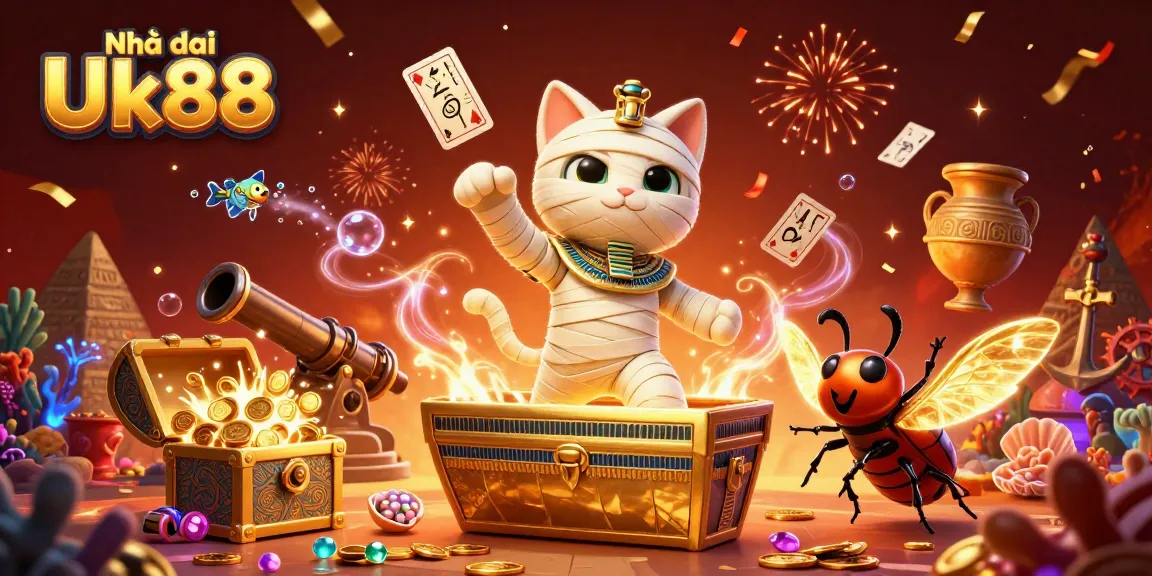 Experience thrilling action with Nhà cái Uk88 in this vibrant casino scene featuring a mummy cat and dynamic gameplay elements.